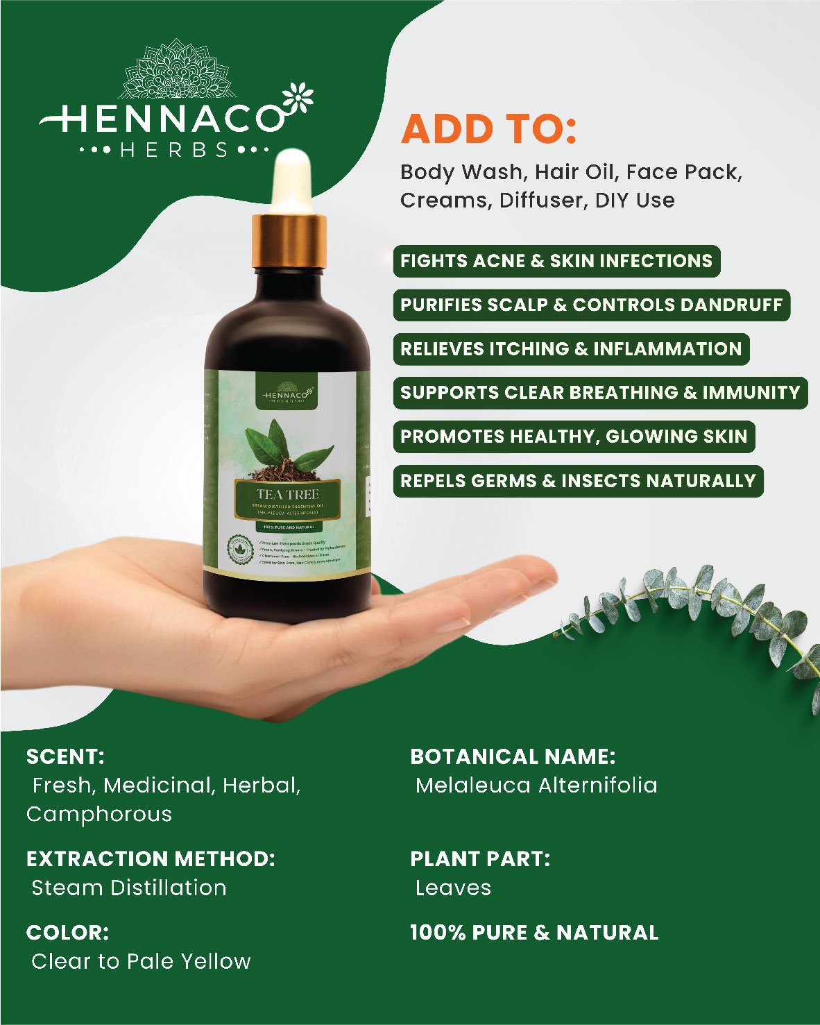HENNACO TEA TREE ESSENTIAL OIL 100ml - Image 3